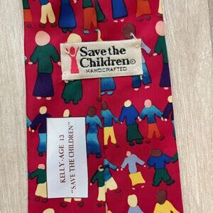 Save the Children Silk Tie Red Kids Art Charity Print Kelly Age 13 Handcrafted